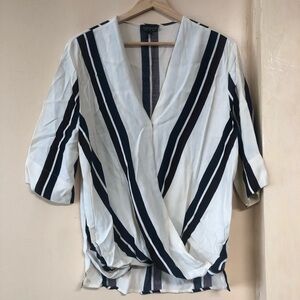 TOPSHOP Wrap Effect Draped Plunge Short Sleeve Viscose Blouse Retro Look Stripe
